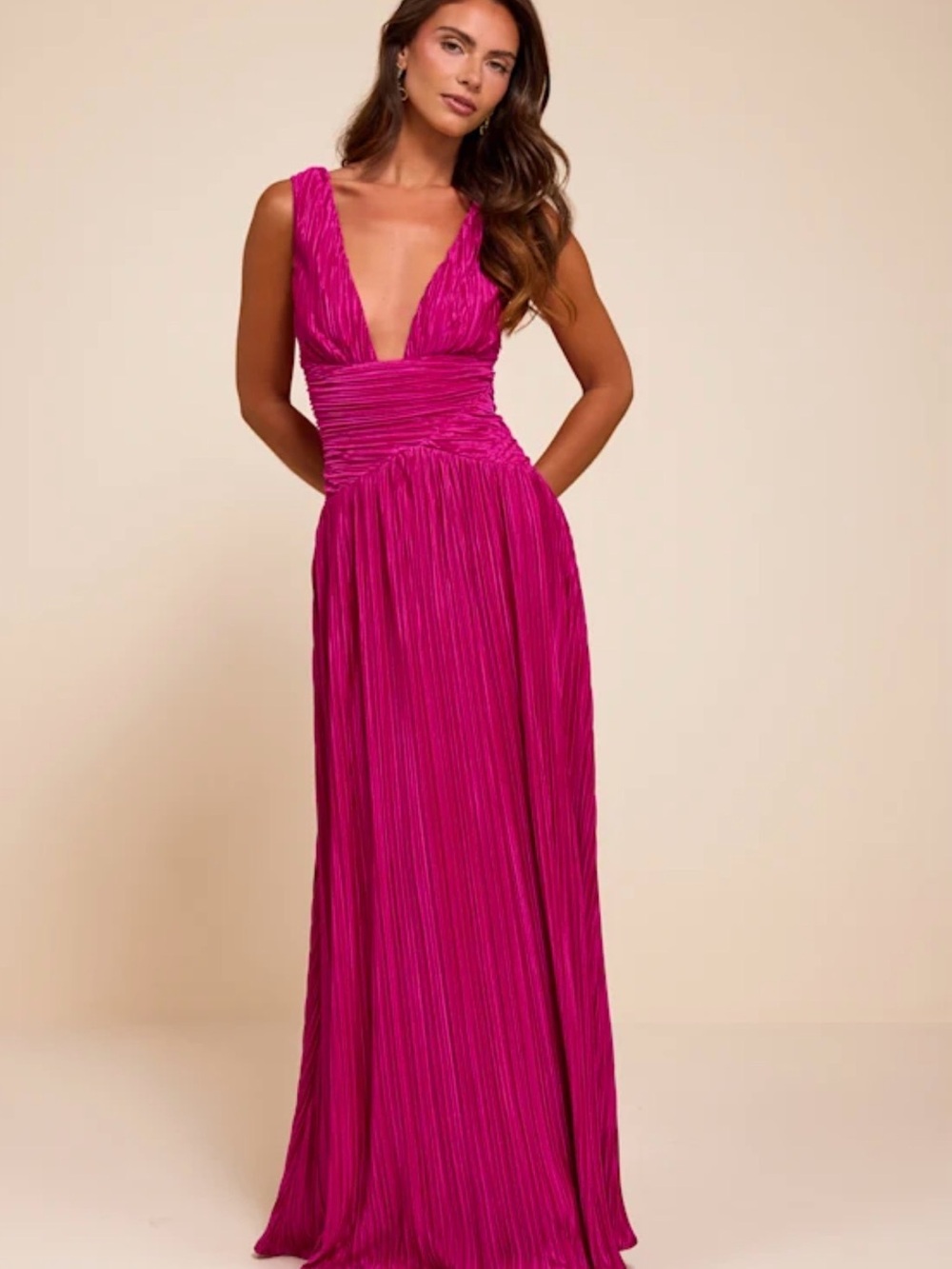 Lulu's Fuchsia Plunging V-Neck Pleated Maxi Dress